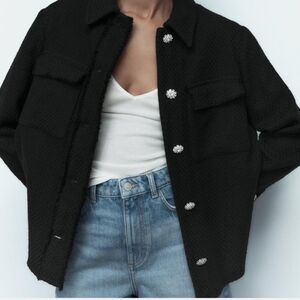 Zara Woven Textured Shirt Jacket with Jewel Crystal Buttons | XS | Black | EUC